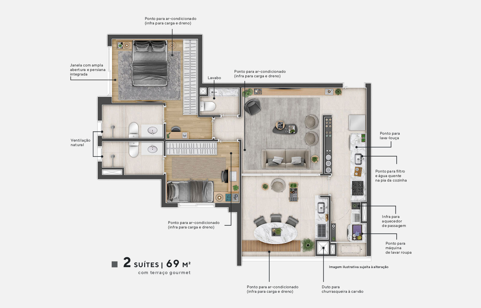 Planta 2 suítes | 69 m²