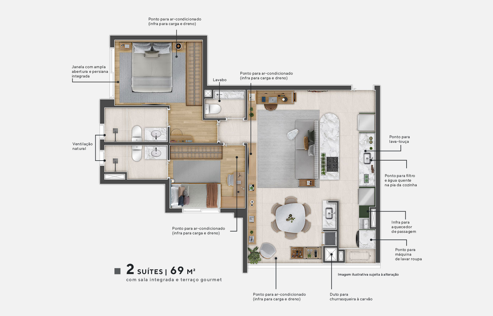 Planta 2 suítes | 69 m²